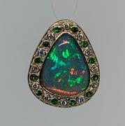 14k Yellow Gold Opal, Diamond and Tsavorite Garnet Filigree Pendant