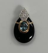 14k Two Toned Aquamarine, Diamond and Black Onyx Pendant