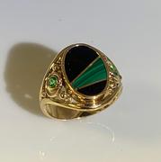 14k Yellow Gold Malachite and Black Onyx, Tsavorite Ring