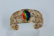 14k yellow Gold Ammolite with Blue Sapphires, Orange Sapphires and Tsavorite Garnet Bracelet