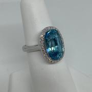 14k White Gold Blue Zircon and Diamond Halo Ring