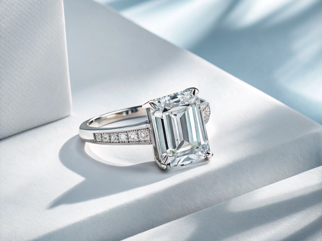 A unique custom engagement ring with an emerald-cut diamond, displayed on a subtle gray stone surface.