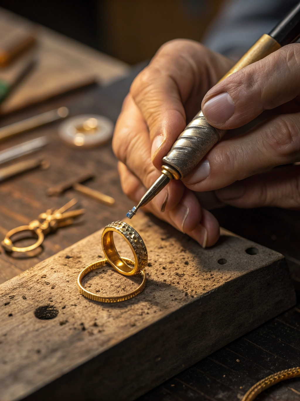 Close-up of a master jeweler's hands working on a gold ring setting with precision tools.
