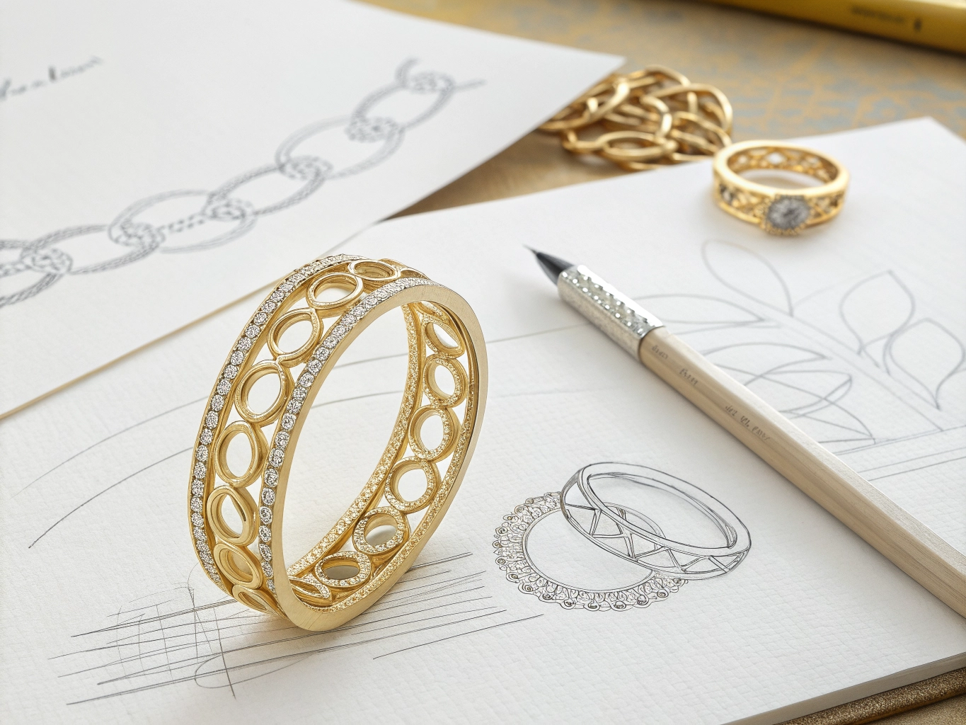 A jeweler sketching a custom design on paper next to a finished gold bracelet.